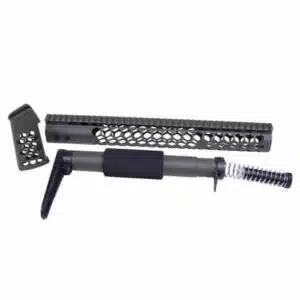 Black AR-15 accessory kit with barrel, spring, and KeyMod handguard on white background.