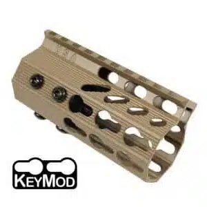 Tan KeyMod handguard for AR-15, lightweight aluminum, FDE finish, customizable with ventilation.