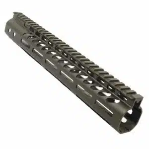 Lightweight 12-inch AR-15 M-LOK handguard, olive drab, with Picatinny rail and ventilation slots.