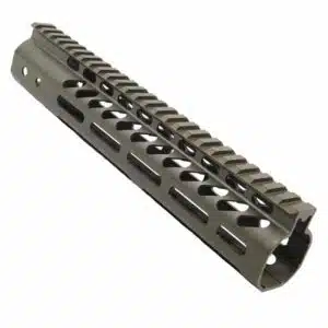 Olive drab AR-15 free-float M-Lok rail, lightweight aluminum, enhances modularity.