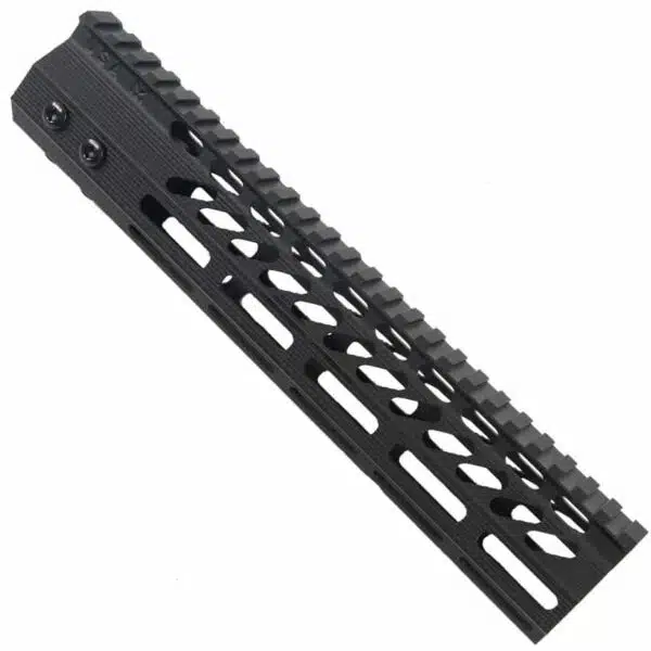 Black AR-15 handguard with Picatinny and M-LOK rails, optimized for lightweight and heat dissipation.