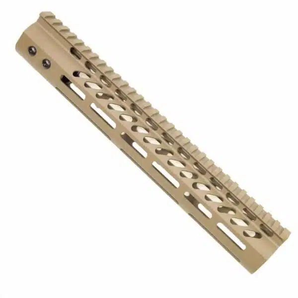 Tan FDE AR-15 M-LOK free-float rail with Picatinny top and QD sling mounts.