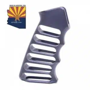 Dark gray ergonomic AR-15 pistol grip with cutouts, polymer design, Arizona emblem.