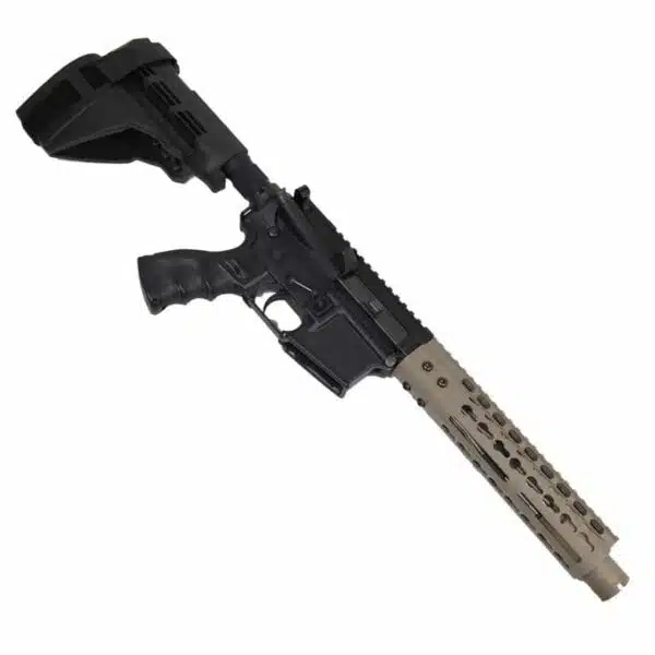 Black and tan AR-15 pistol with M-LOK rail and adjustable brace.