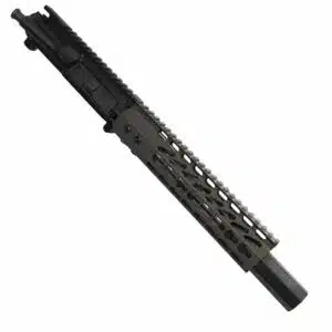 Black AR-15 upper assembly with KeyMod handguard, mock suppressor, and OD green accents.