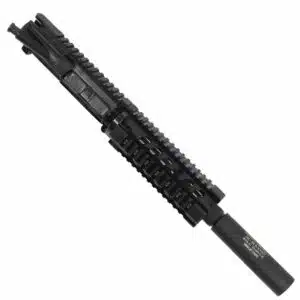 Tactical AR-15 pistol upper with modular rail system, barrel, and mock suppressor.