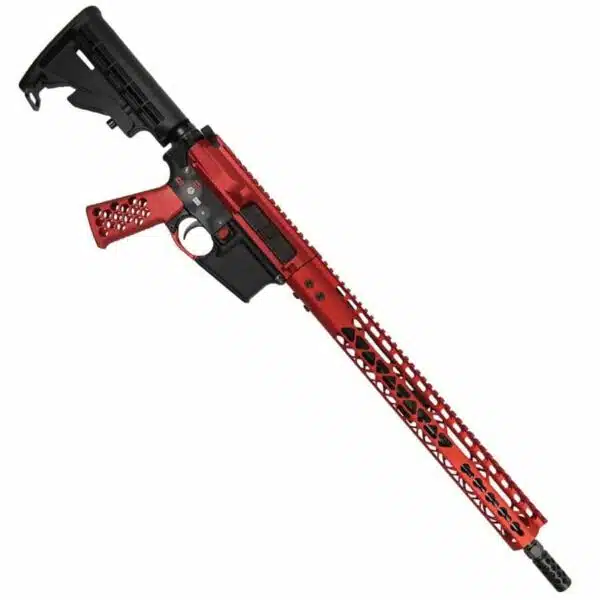 Customized AR-15 with red accents and black stock; features ventilation cutouts and accessory rails.