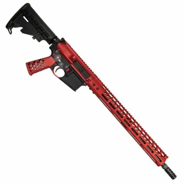 Custom AR-15 rifle with red and black M-LOK handguard and pistol grip.