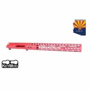 Bright red AR-15 upper with skeletonized KeyMod handguard, Arizona flag in background.