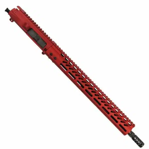 Vibrant red AR-15 DIRTY DEVIL upper receiver with sleek design and modern tactical features.