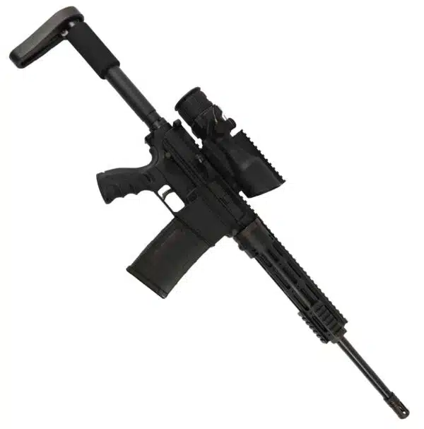 Black AR-15 rifle with scope, collapsible stock, and tactical rails on white background.
