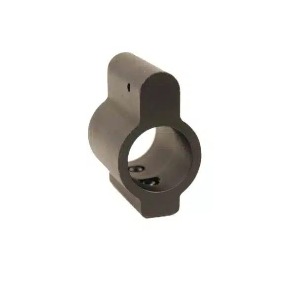 Steel low-profile AR-15 gas block with precision machining for reliable firearm cycling.