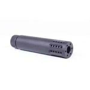 Gunmetal AR-15 suppressor with ventilation holes, durable steel or aluminum construction.