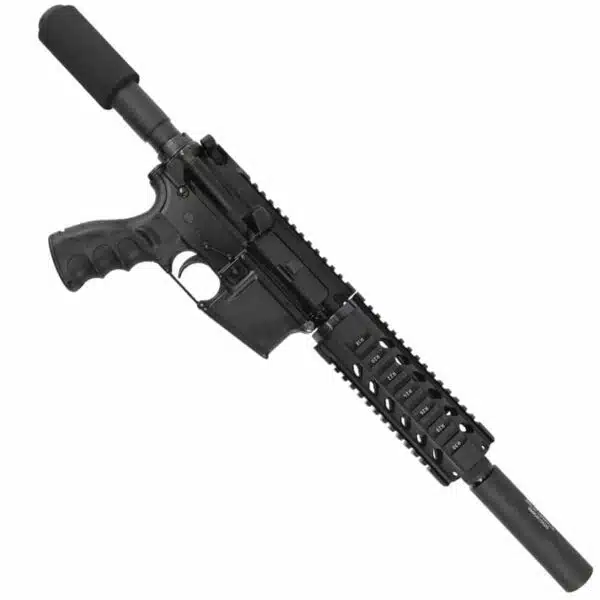 Matte black AR-15 rifle with suppressor and quad rail, photographed on white background.