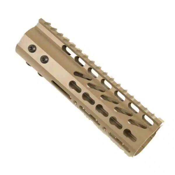 Tactical flat dark earth AR-15 handguard with Picatinny rail and M-LOK slots for accessories.