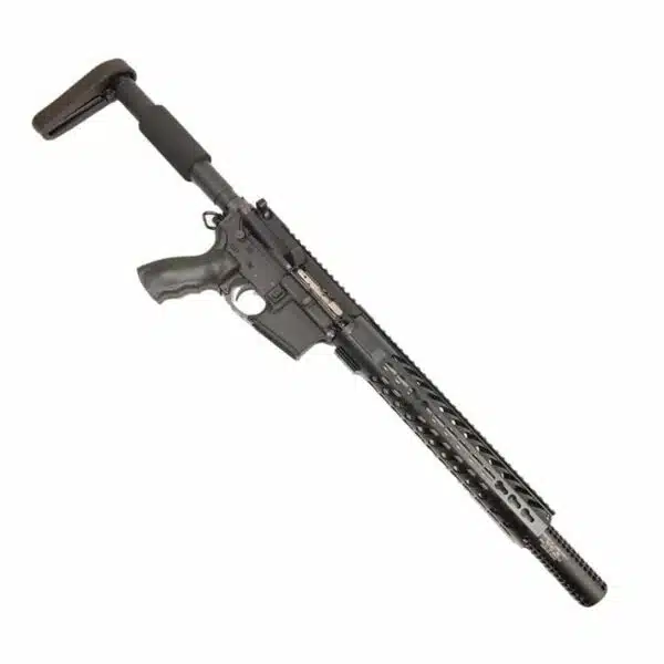 Modern tactical AR-15 with suppressor, KeyMod handguard, adjustable stock, ideal for precision shooting.