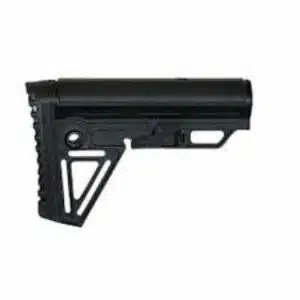 Black tactical AR-15 rifle buttstock with adjustable length and textured grip for improved stability.