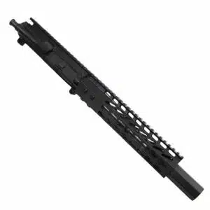 Black AR-15 pistol upper with 9 barrel and KeyMod handguard on white background.