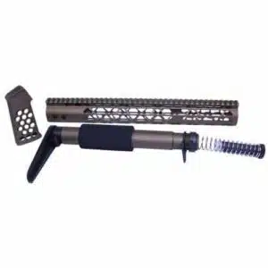 AR-15 upper kit: silver barrel, black grip, blue spring, dark handguard, perforated muzzle device.