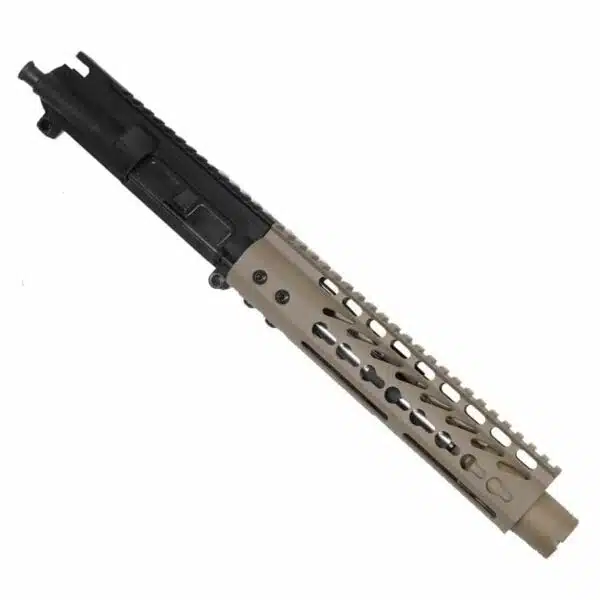 Tactical AR-15 upper receiver with FDE handguard, black finish, and M-LOK slots.