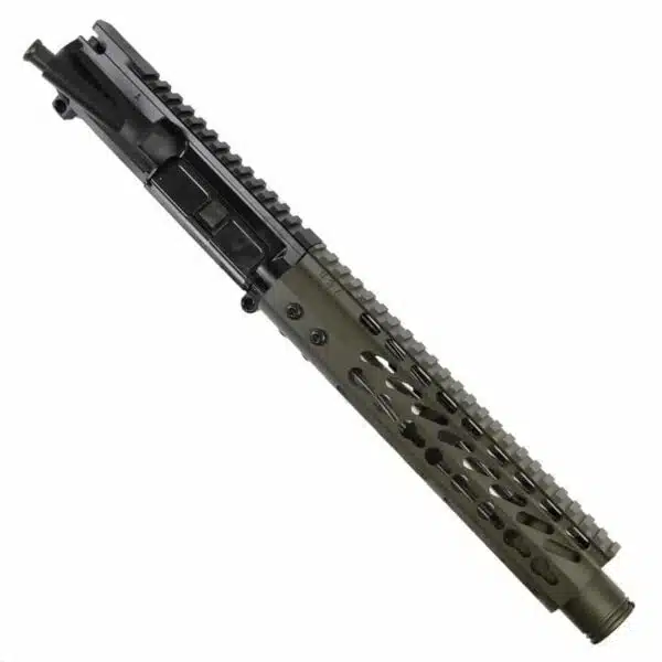 AR-15 upper receiver with OD green handguard, short barrel, and M-LOK slots.