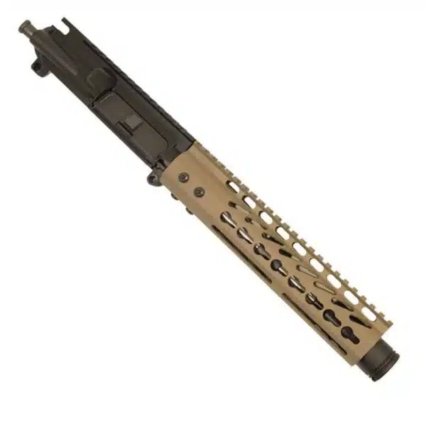 AR-15 Upper Receiver with FDE Handguard, KeyMod/M-LOK Slots, Black Finish, Tactical Design.