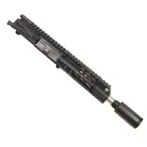 Black AR-15 upper receiver with M-LOK rail, short barrel, and flash suppressor, tactical design.