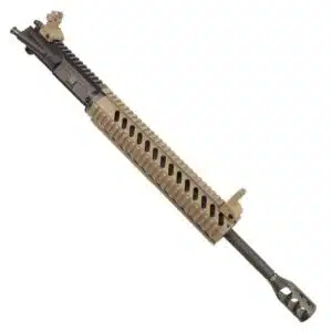 AR-15 FDE 5.56 upper receiver with 12-inch quad rail and tank muzzle brake.