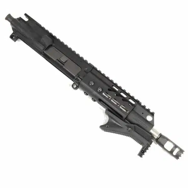 Compact AR-15 Upper with Tactical Rail, Short Barrel, Flash Hider, and Folding Stock.