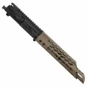 Tactical AR-15 upper receiver with black and tan color scheme, featuring Picatinny rail and ventilated handguard.