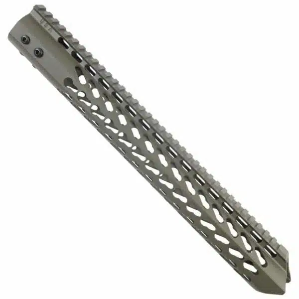 Tactical AR15 olive drab handguard with KeyMod slots and Picatinny rail for accessory mounting.