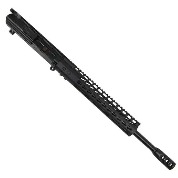 AR LR308 upper receiver with 16 nitride barrel, 12 KeyMod handguard, and tank brake.