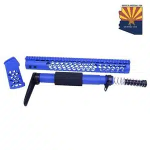 Arizona-themed blue AR-15 gun parts with star patterns and honeycomb design.