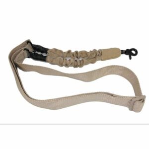 Durable tan single-point bungee sling with adjustable strap and metal swivel hook.