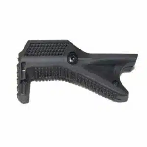 Ergonomic black polymer angled foregrip for AR 15 pistols with textured grip.