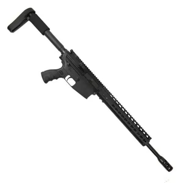 Black AR-Style Rifle with Extended Barrel, Rail System, Adjustable Stock, and Matte Finish.