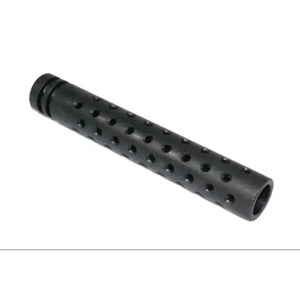 Black 5.5-inch AR15 muzzle brake with linear hole pattern for noise reduction and gas dispersion.