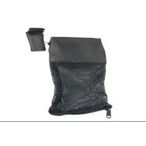 Black mesh AR-15 brass catcher with zippered bottom and durable flap for secure attachment.