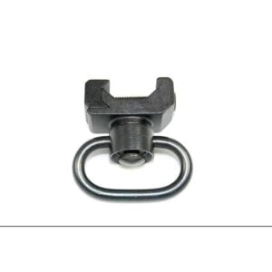 Black push button swivel for securing accessories to Picatinny rails.