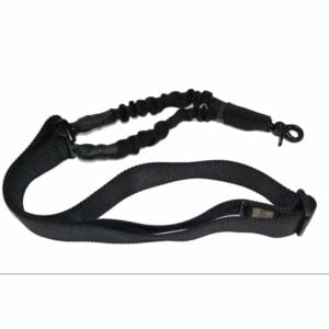 Durable black bungee dog leash with padded handle and secure swivel clip.