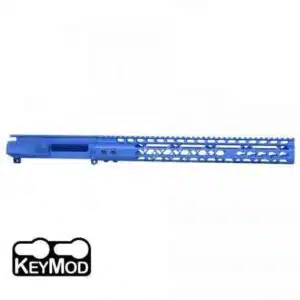 Blue AR-15 upper with skeletal handguard, M-LOK system, KEYMOD brand, precision CNC aluminum.