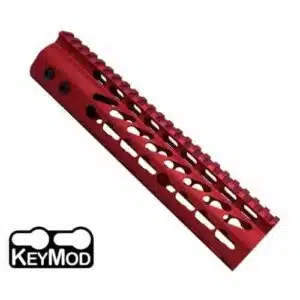 Red anodized AR15 KeyMod handguard rail, 9 mid-length, with picatinny sections and cutouts.