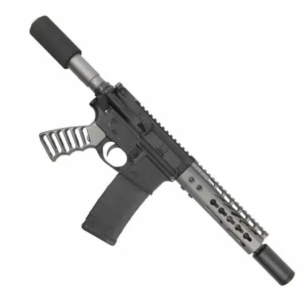 Modern compact AR-style pistol with tactical rail, skeleton grip, suppressor, for close-quarters use.