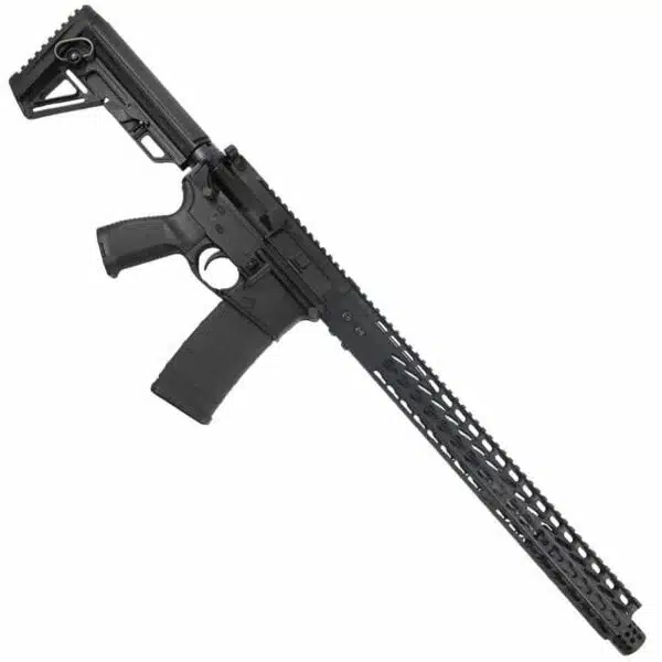 Modern black AR-15 with custom features, slim handguard, adjustable stock, and ergonomic pistol grip.