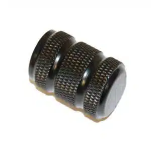 Cylindrical knurled metal knob, dark finish, tiered design, precision control for technical applications.