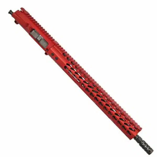 Vibrant red AR-15 upper receiver with M-LOK handguard, anodized finish, custom assembly.