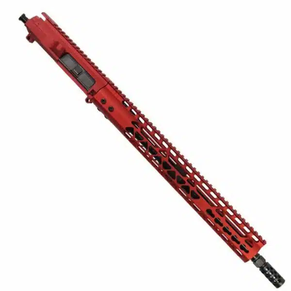 Bright red AR-15 upper receiver with black barrel and M-LOK handguard for customization.