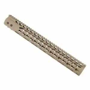 Lightweight FDE M-LOK handguard, aluminum, for rifle customization and improved barrel cooling.