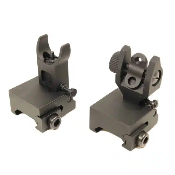 Tactical flip-up iron sights for AR-15, adjustable front post and rear aperture.