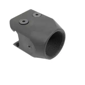 Tactical dark gray gas block for rifles, precision-machined with internal threading and recessed screws.